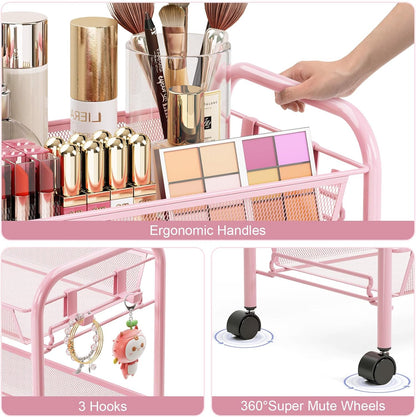3 Tier Rolling Cart, Metal Utility Storage Cart with Wheels, Pink