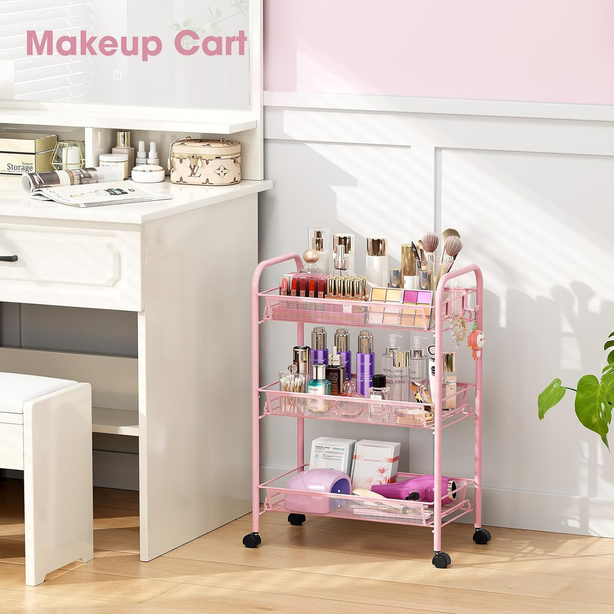 3 Tier Rolling Cart, Metal Utility Storage Cart with Wheels, Pink
