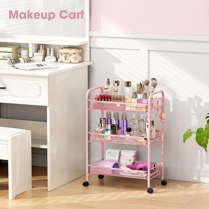 3 Tier Rolling Cart, Metal Utility Storage Cart with Wheels, Pink