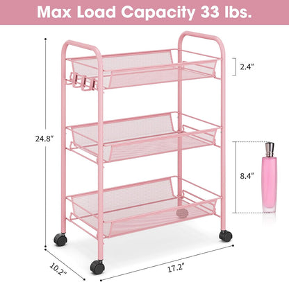 3 Tier Rolling Cart, Metal Utility Storage Cart with Wheels, Pink