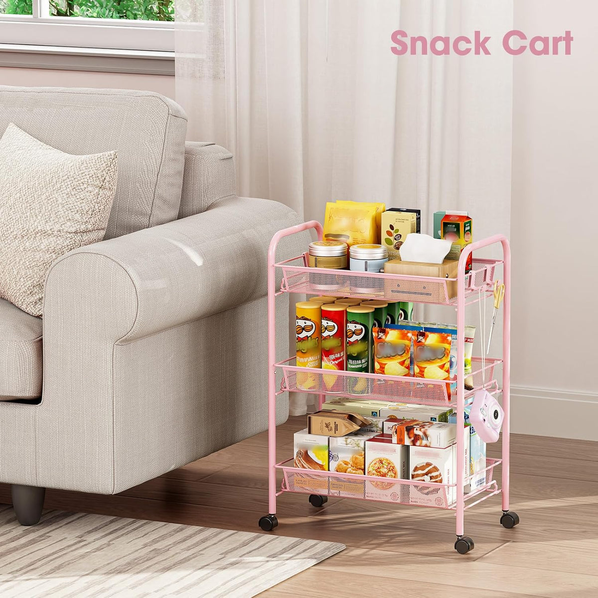 3 Tier Rolling Cart, Metal Utility Storage Cart with Wheels, Pink