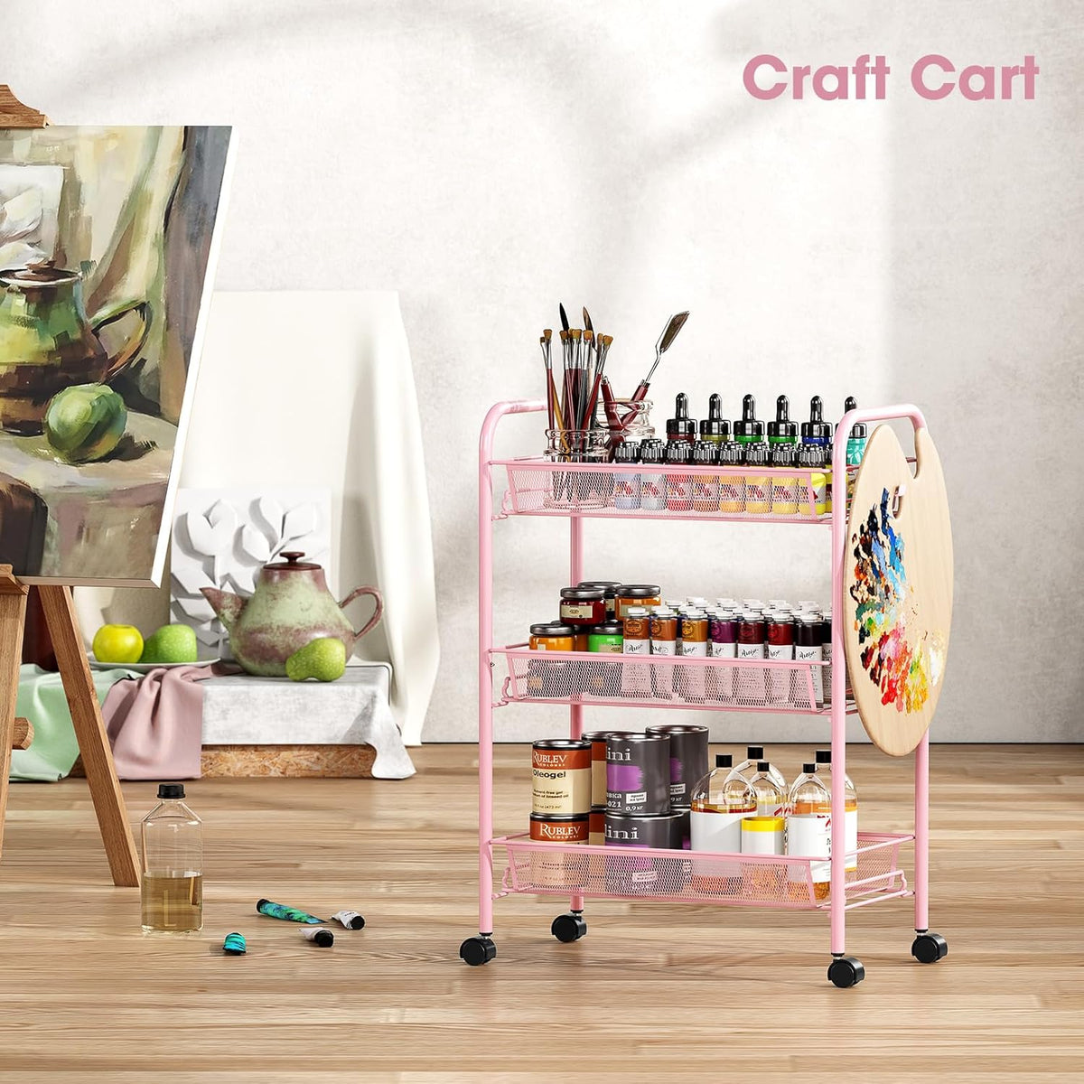 3 Tier Rolling Cart, Metal Utility Storage Cart with Wheels, Pink