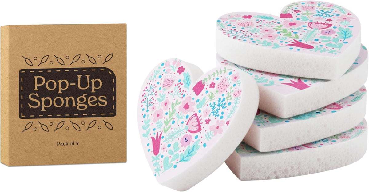 5 Pack Heart Shaped Sponges, Non-Scratch Cleaning Sponges with Floral Pattern, Kitchen Heavy Duty Scrub Sponge, Pop Up Eco Valentine's Day Sponges (Pink)