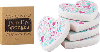 5 Pack Heart Shaped Sponges, Non-Scratch Cleaning Sponges with Floral Pattern, Kitchen Heavy Duty Scrub Sponge, Pop Up Eco Valentine's Day Sponges (Pink)