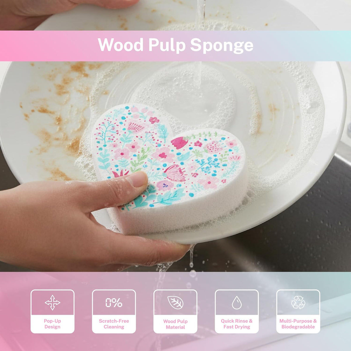 5 Pack Heart Shaped Sponges, Non-Scratch Cleaning Sponges with Floral Pattern, Kitchen Heavy Duty Scrub Sponge, Pop Up Eco Valentine's Day Sponges (Pink)
