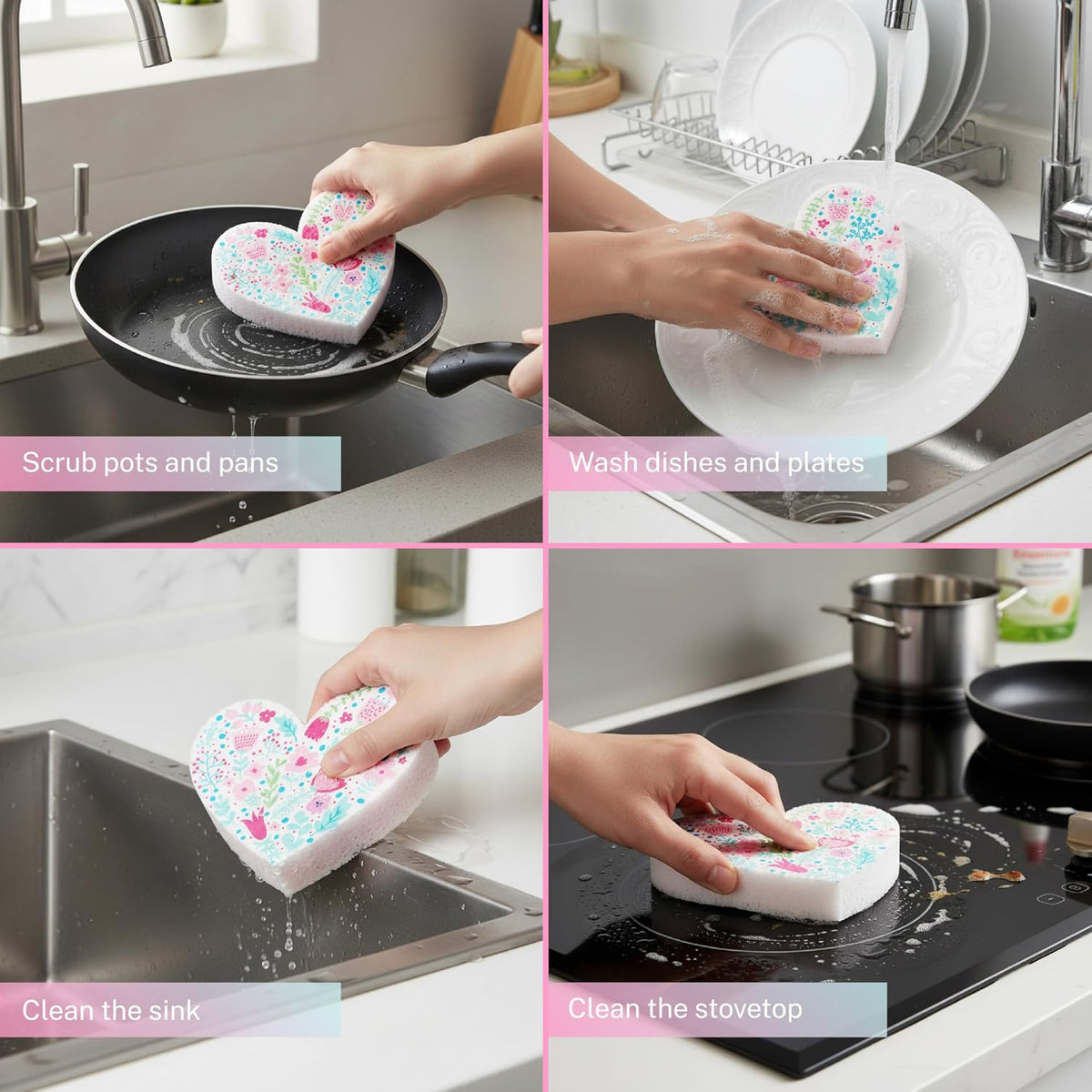 5 Pack Heart Shaped Sponges, Non-Scratch Cleaning Sponges with Floral Pattern, Kitchen Heavy Duty Scrub Sponge, Pop Up Eco Valentine's Day Sponges (Pink)
