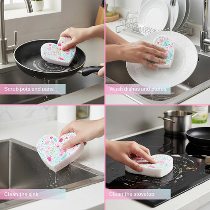 5 Pack Heart Shaped Sponges, Non-Scratch Cleaning Sponges with Floral Pattern, Kitchen Heavy Duty Scrub Sponge, Pop Up Eco Valentine's Day Sponges (Pink)