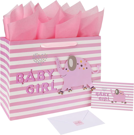 13" Large Pink Gift Bag Set with Greeting Card and Tissue Paper(3D elephant) for Baby Girl,Baby Shower,Kids Birthday Party,Newborn,New Moms or Parents-13” x 5.2” x 10.2”, 1 Pcs.