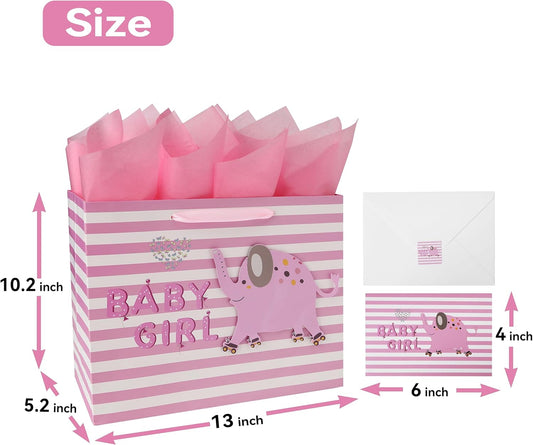 13" Large Pink Gift Bag Set with Greeting Card and Tissue Paper(3D elephant) for Baby Girl,Baby Shower,Kids Birthday Party,Newborn,New Moms or Parents-13” x 5.2” x 10.2”, 1 Pcs.