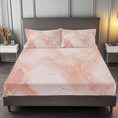 Fitted Sheet Super Soft Microfiber Bed Sheet Full Size 4PC, Simple Rose Marble Bedding Sheet Set, 16 Inches Deep Fitted Sheet Sets for Kids Boys Girls Women Bedroom Decor Pink Peach