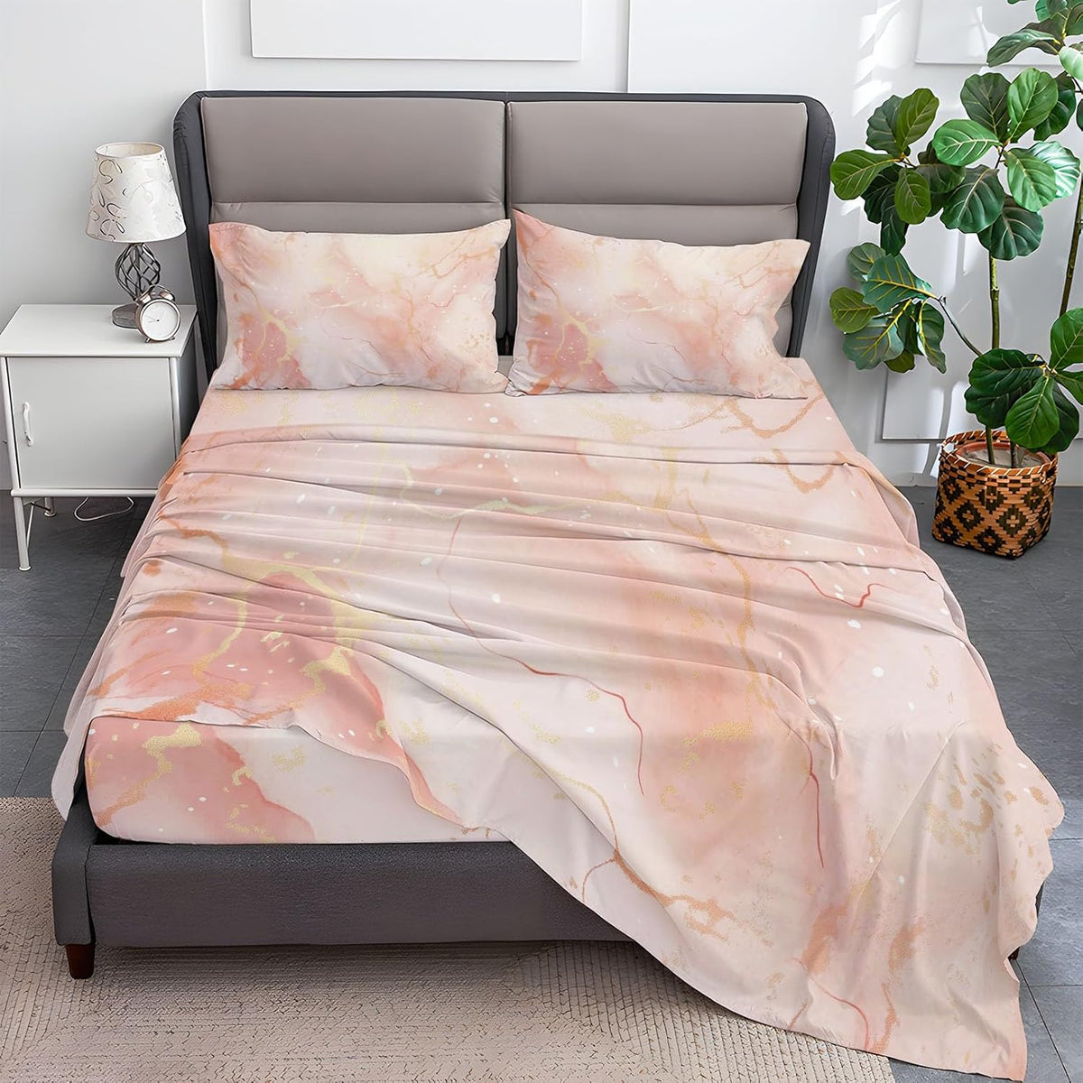 Fitted Sheet Super Soft Microfiber Bed Sheet Full Size 4PC, Simple Rose Marble Bedding Sheet Set, 16 Inches Deep Fitted Sheet Sets for Kids Boys Girls Women Bedroom Decor Pink Peach