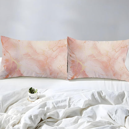 Fitted Sheet Super Soft Microfiber Bed Sheet Full Size 4PC, Simple Rose Marble Bedding Sheet Set, 16 Inches Deep Fitted Sheet Sets for Kids Boys Girls Women Bedroom Decor Pink Peach