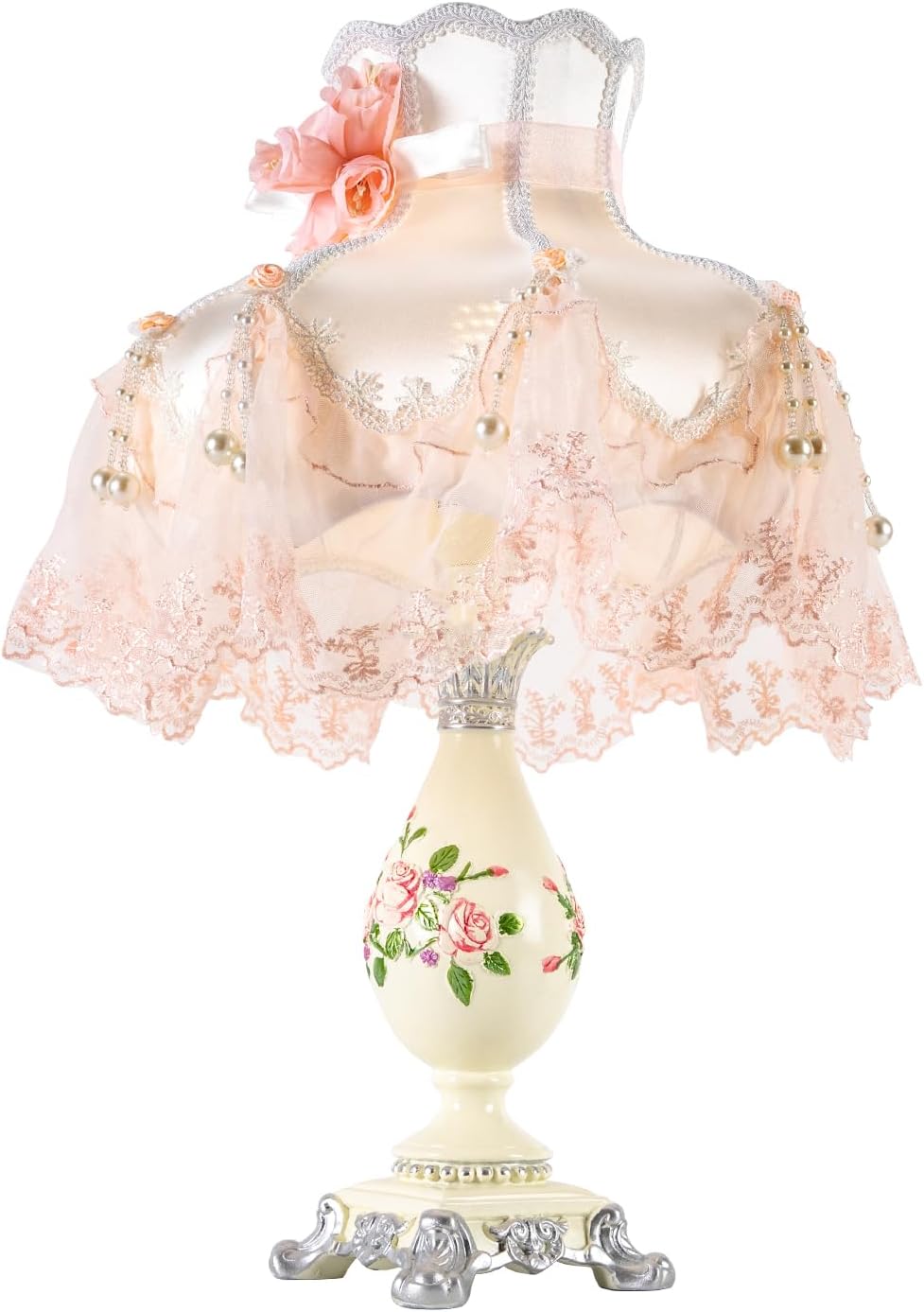 Princess Style Table Lamp, Victorian Lace Fancy Table Lamp, Pink Bedside Lamp with Fabric Shade & Floral Resin Base for Bedroom, E26 Socket No Bulb Included