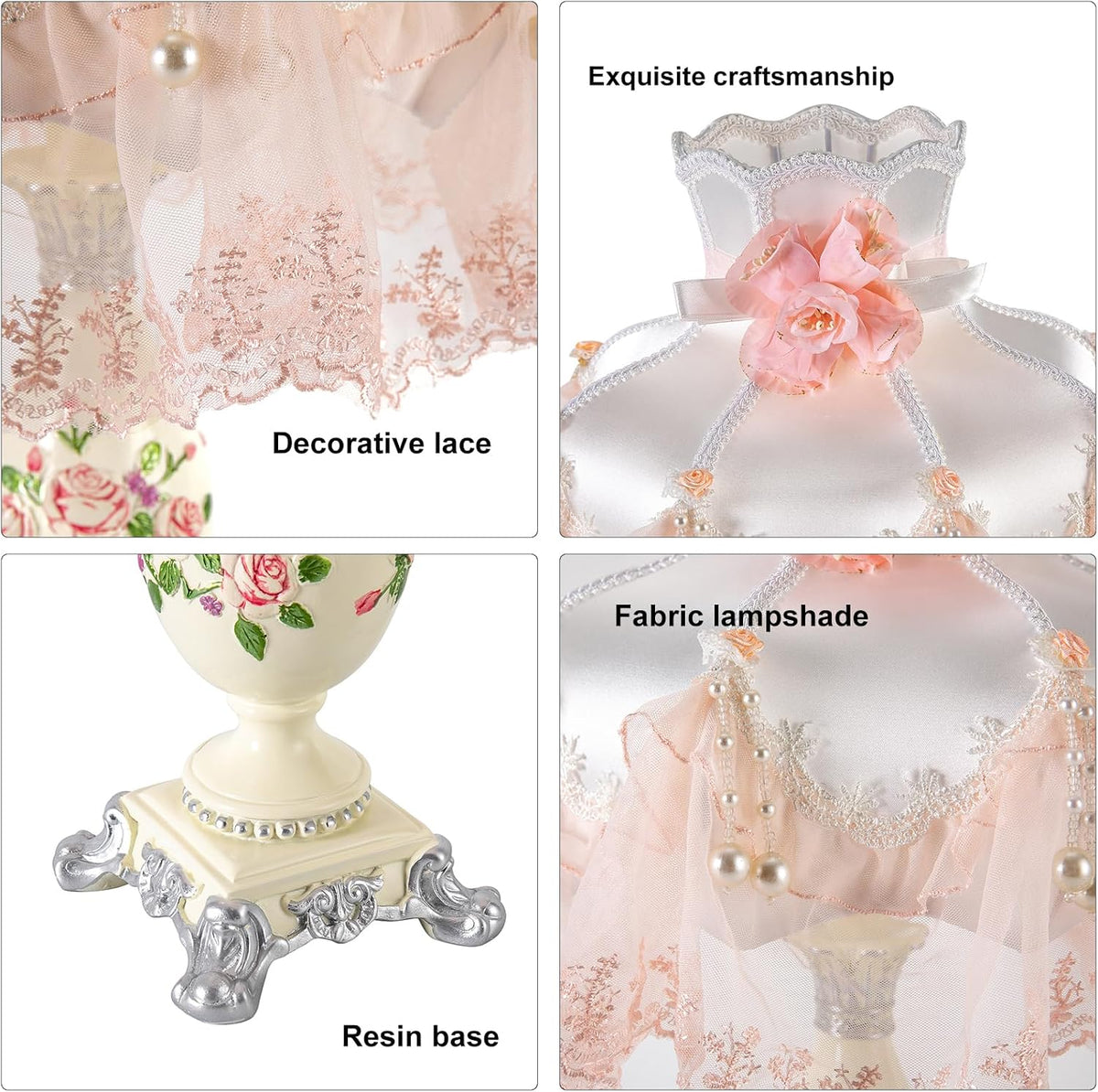 Princess Style Table Lamp, Victorian Lace Fancy Table Lamp, Pink Bedside Lamp with Fabric Shade & Floral Resin Base for Bedroom, E26 Socket No Bulb Included