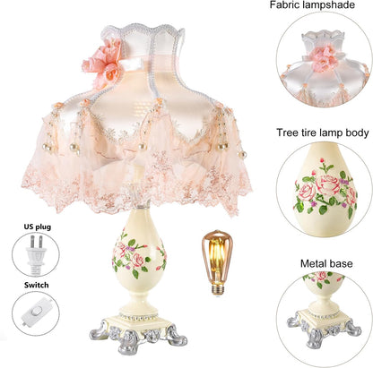Princess Style Table Lamp, Victorian Lace Fancy Table Lamp, Pink Bedside Lamp with Fabric Shade & Floral Resin Base for Bedroom, E26 Socket No Bulb Included