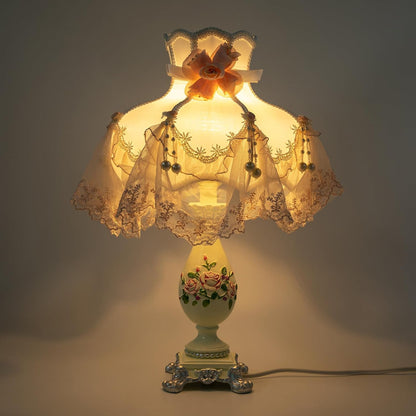 Princess Style Table Lamp, Victorian Lace Fancy Table Lamp, Pink Bedside Lamp with Fabric Shade & Floral Resin Base for Bedroom, E26 Socket No Bulb Included