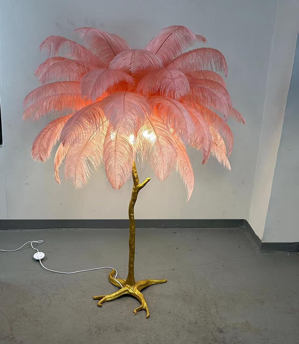 Ostrich Feather lamp,Resin Feather lamp with Natural Ostrich Feathers (Contains Light Sources) Have Footswitch Dimmable Desk Lamp (60x60cm(23×23inch),Pink)