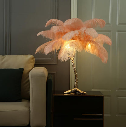 Ostrich Feather lamp,Resin Feather lamp with Natural Ostrich Feathers (Contains Light Sources) Have Footswitch Dimmable Desk Lamp (60x60cm(23×23inch),Pink)