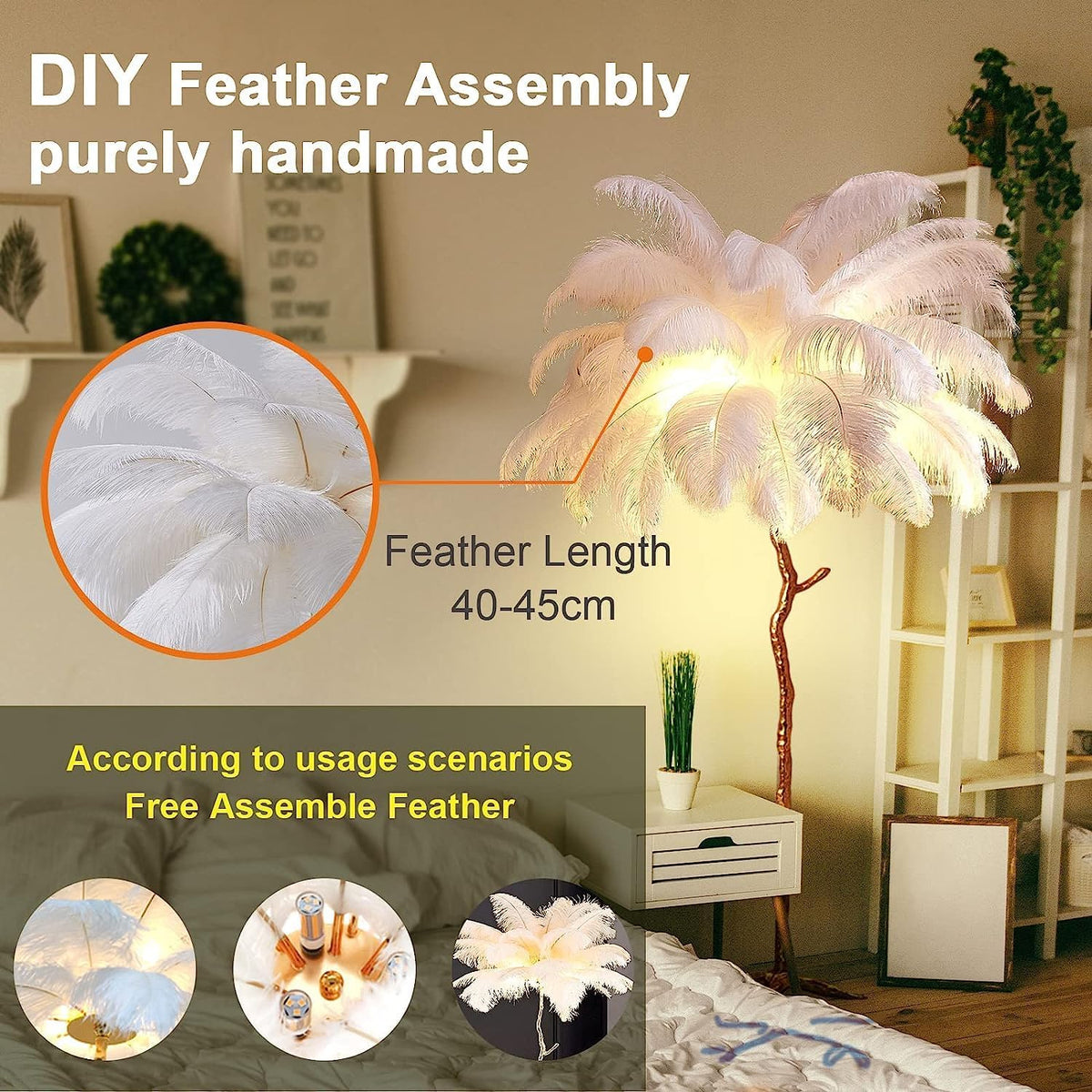 Ostrich Feather lamp,Resin Feather lamp with Natural Ostrich Feathers (Contains Light Sources) Have Footswitch Dimmable Desk Lamp (60x60cm(23×23inch),Pink)