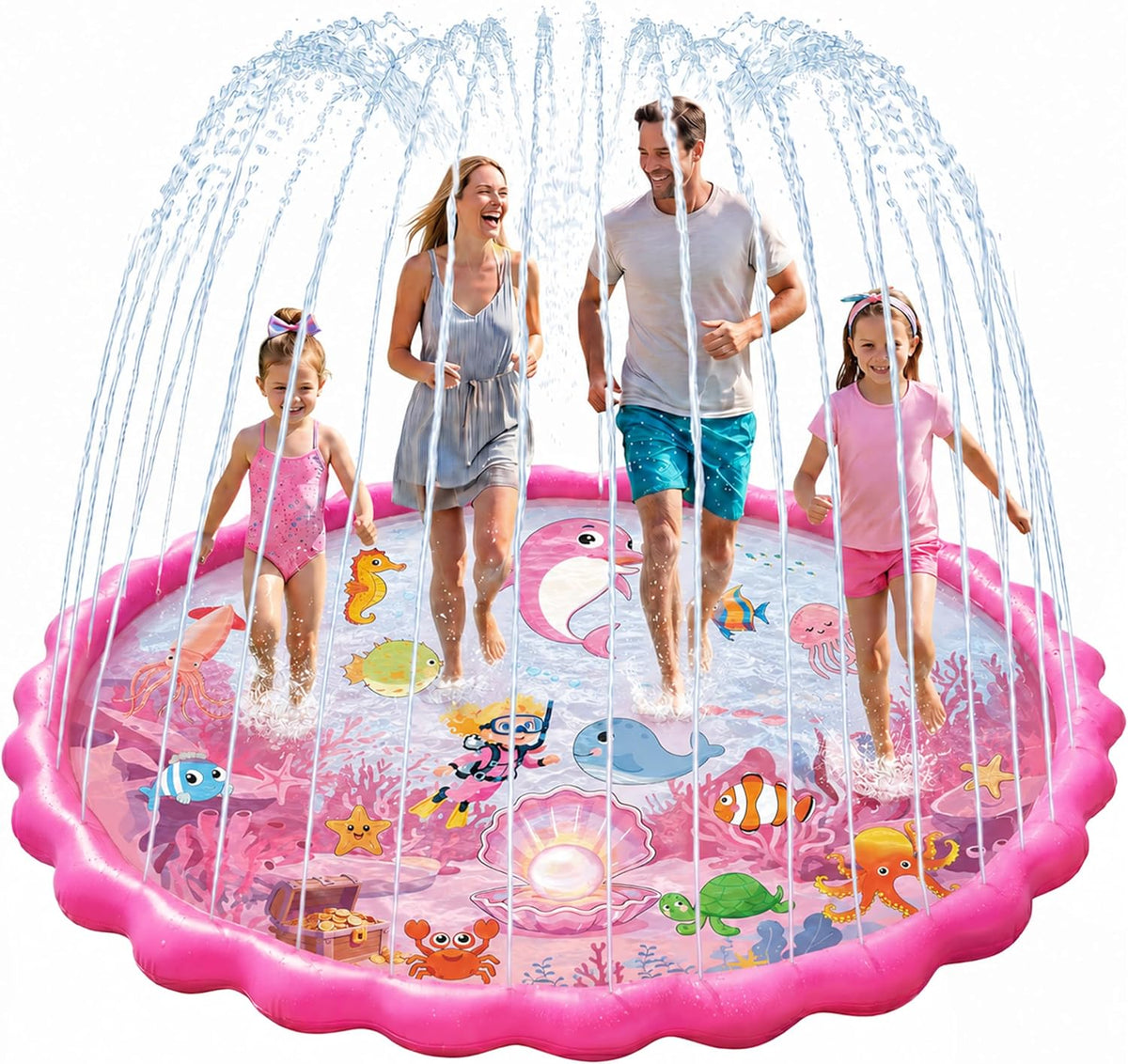 69" Splash Pad for Kids and Adults, Girls Sprinkler Water Toys for Backyard Outside, Non-Slip Wading Pool for Toddlers 1-3 4-8, Summer Outdoor Family Water Park, Pink Ocean