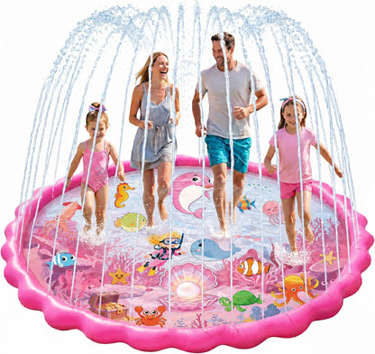 69" Splash Pad for Kids and Adults, Girls Sprinkler Water Toys for Backyard Outside, Non-Slip Wading Pool for Toddlers 1-3 4-8, Summer Outdoor Family Water Park, Pink Ocean