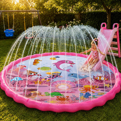 69" Splash Pad for Kids and Adults, Girls Sprinkler Water Toys for Backyard Outside, Non-Slip Wading Pool for Toddlers 1-3 4-8, Summer Outdoor Family Water Park, Pink Ocean