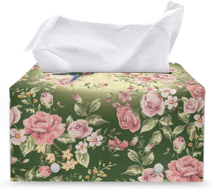 Pink Flower Rectangle Tissue Box Cover Green Leaf Leather Tissue Box Tissues Boxes Cover Pretty Tissue Box Pu Home Gifts for Valentine's Day Birthday