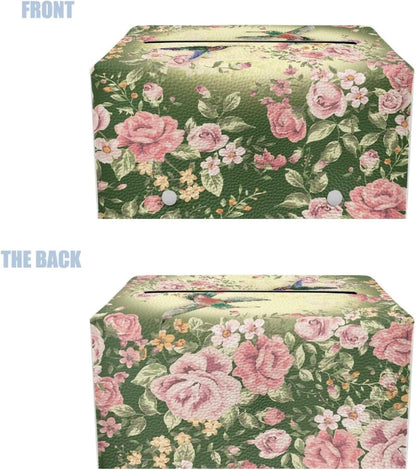 Pink Flower Rectangle Tissue Box Cover Green Leaf Leather Tissue Box Tissues Boxes Cover Pretty Tissue Box Pu Home Gifts for Valentine's Day Birthday