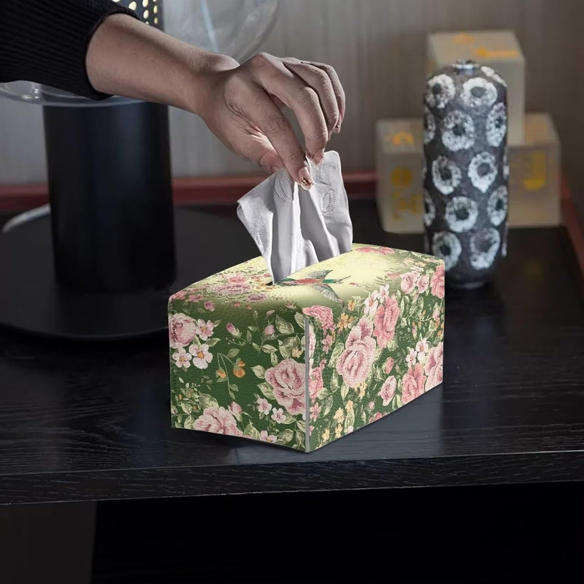 Pink Flower Rectangle Tissue Box Cover Green Leaf Leather Tissue Box Tissues Boxes Cover Pretty Tissue Box Pu Home Gifts for Valentine's Day Birthday