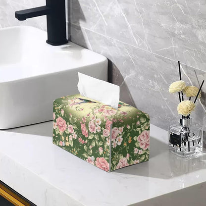 Pink Flower Rectangle Tissue Box Cover Green Leaf Leather Tissue Box Tissues Boxes Cover Pretty Tissue Box Pu Home Gifts for Valentine's Day Birthday