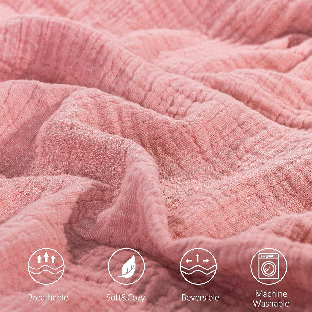 SE SOFTEXLY Muslin Throw Blanket, 4-Layer Dyed Yarn, 50”x60”, Coral Pink