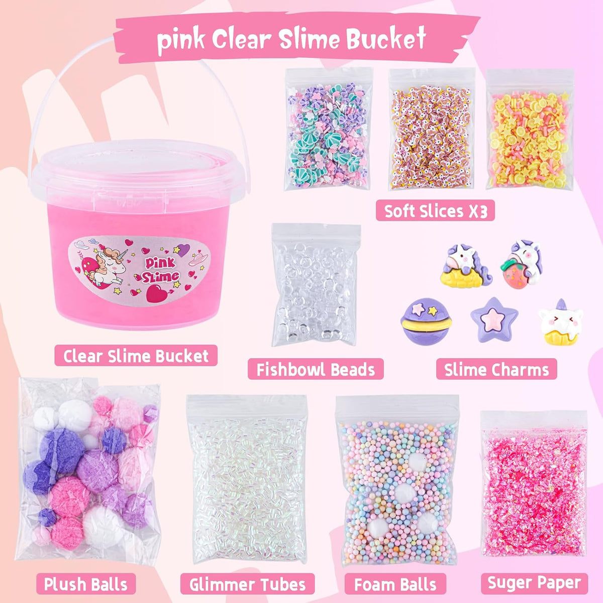 10 FL OZ Unicorn Slime Kit, Pink Clear Slime Bucket, Slimes Party Favors for Kids, Glimmer Crunchy Slimes Includes 9 Packs of Add-ins, Sensory Experience DIY Toys for Girls and Boys Ages 8-12
