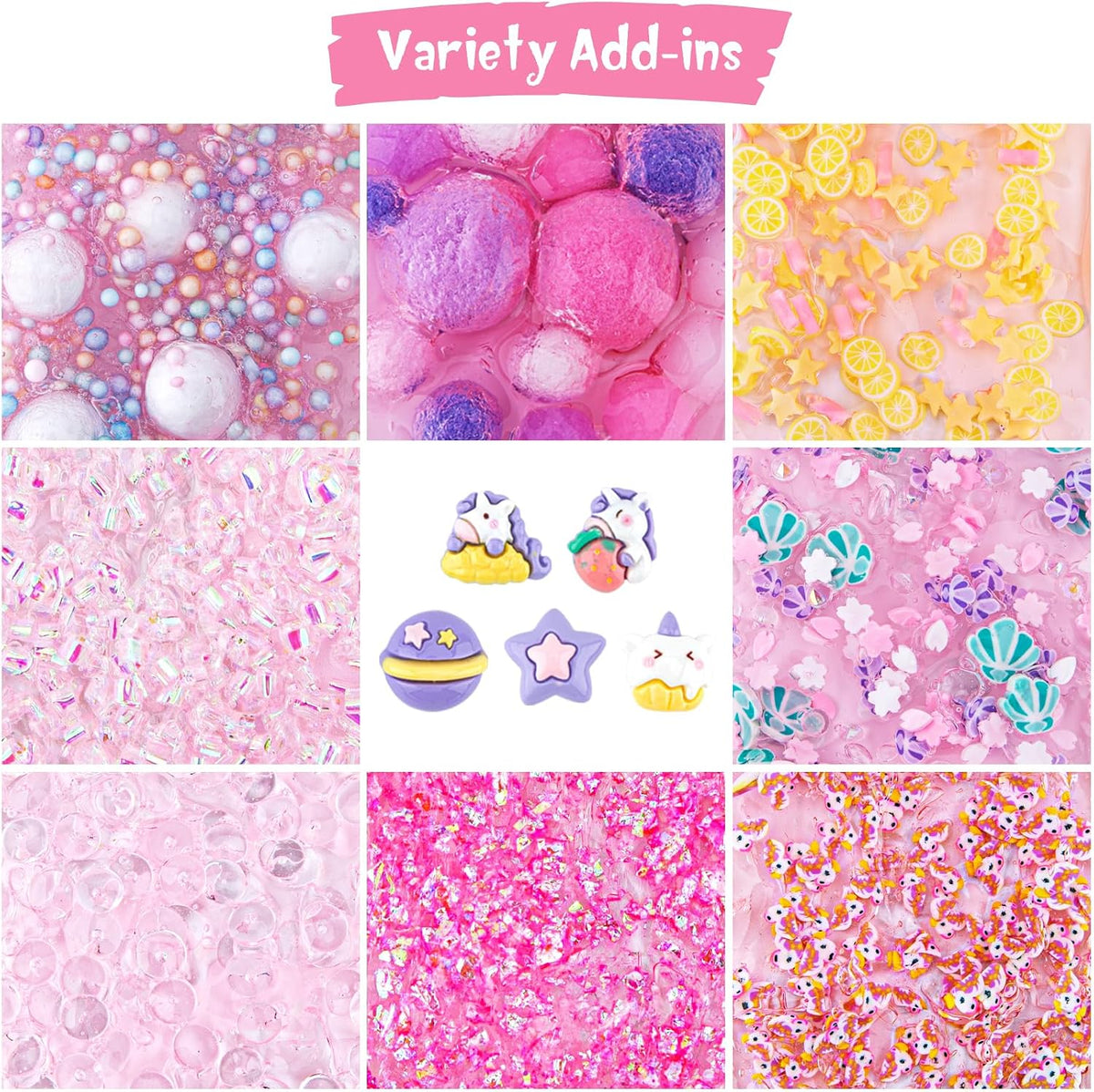 10 FL OZ Unicorn Slime Kit, Pink Clear Slime Bucket, Slimes Party Favors for Kids, Glimmer Crunchy Slimes Includes 9 Packs of Add-ins, Sensory Experience DIY Toys for Girls and Boys Ages 8-12