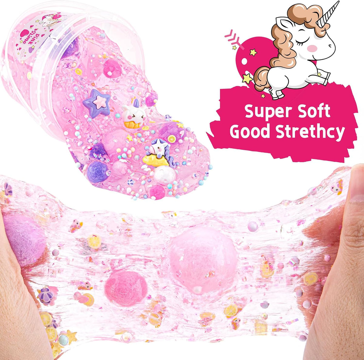 10 FL OZ Unicorn Slime Kit, Pink Clear Slime Bucket, Slimes Party Favors for Kids, Glimmer Crunchy Slimes Includes 9 Packs of Add-ins, Sensory Experience DIY Toys for Girls and Boys Ages 8-12