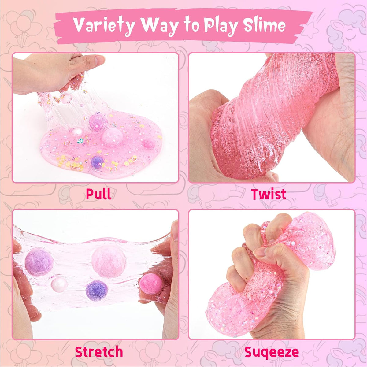 10 FL OZ Unicorn Slime Kit, Pink Clear Slime Bucket, Slimes Party Favors for Kids, Glimmer Crunchy Slimes Includes 9 Packs of Add-ins, Sensory Experience DIY Toys for Girls and Boys Ages 8-12
