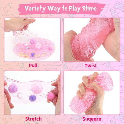 10 FL OZ Unicorn Slime Kit, Pink Clear Slime Bucket, Slimes Party Favors for Kids, Glimmer Crunchy Slimes Includes 9 Packs of Add-ins, Sensory Experience DIY Toys for Girls and Boys Ages 8-12
