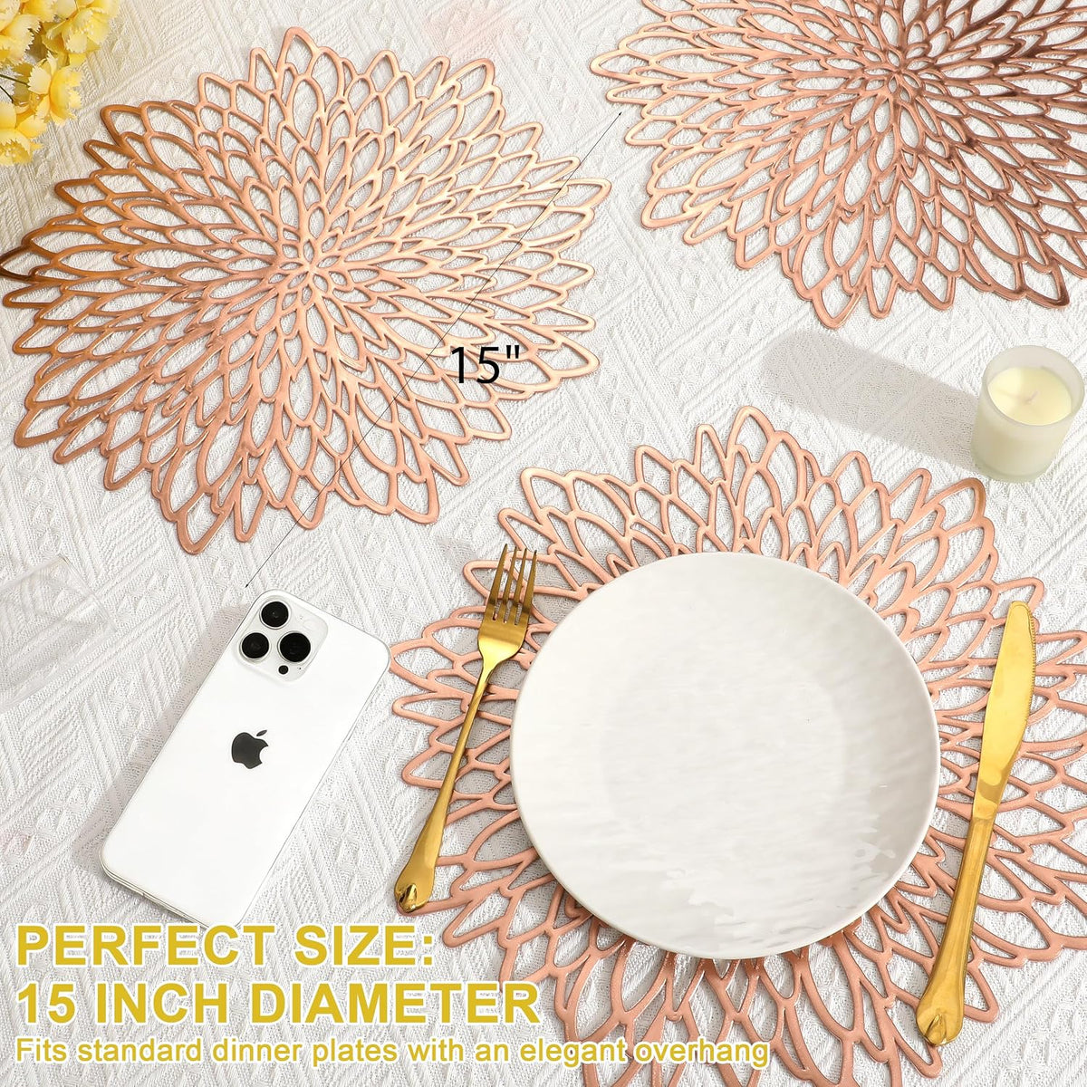 Set of 6 Round Placemats Rose Gold, Heat-Resistant PVC Table Mats with Luxury Metallic Glossy Finish for Thanksgiving Christmas Wedding Party Decor, Easy to Clean