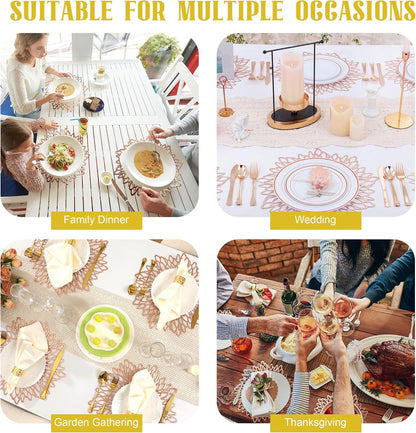 Set of 6 Round Placemats Rose Gold, Heat-Resistant PVC Table Mats with Luxury Metallic Glossy Finish for Thanksgiving Christmas Wedding Party Decor, Easy to Clean