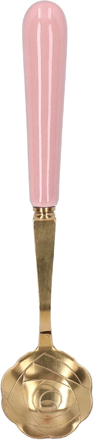 Stainless Steel Teaspoon with Ceramic Handle, Golden Rose Flower Spoon, Cake Spoon, Ice Cream Spoon, Elegant Spoon for Dessert (Pink Handle)