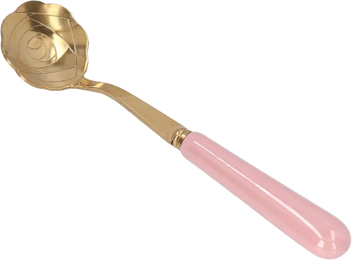 Stainless Steel Teaspoon with Ceramic Handle, Golden Rose Flower Spoon, Cake Spoon, Ice Cream Spoon, Elegant Spoon for Dessert (Pink Handle)
