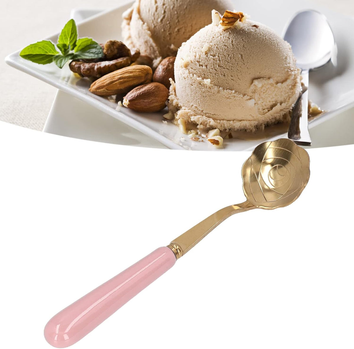 Stainless Steel Teaspoon with Ceramic Handle, Golden Rose Flower Spoon, Cake Spoon, Ice Cream Spoon, Elegant Spoon for Dessert (Pink Handle)