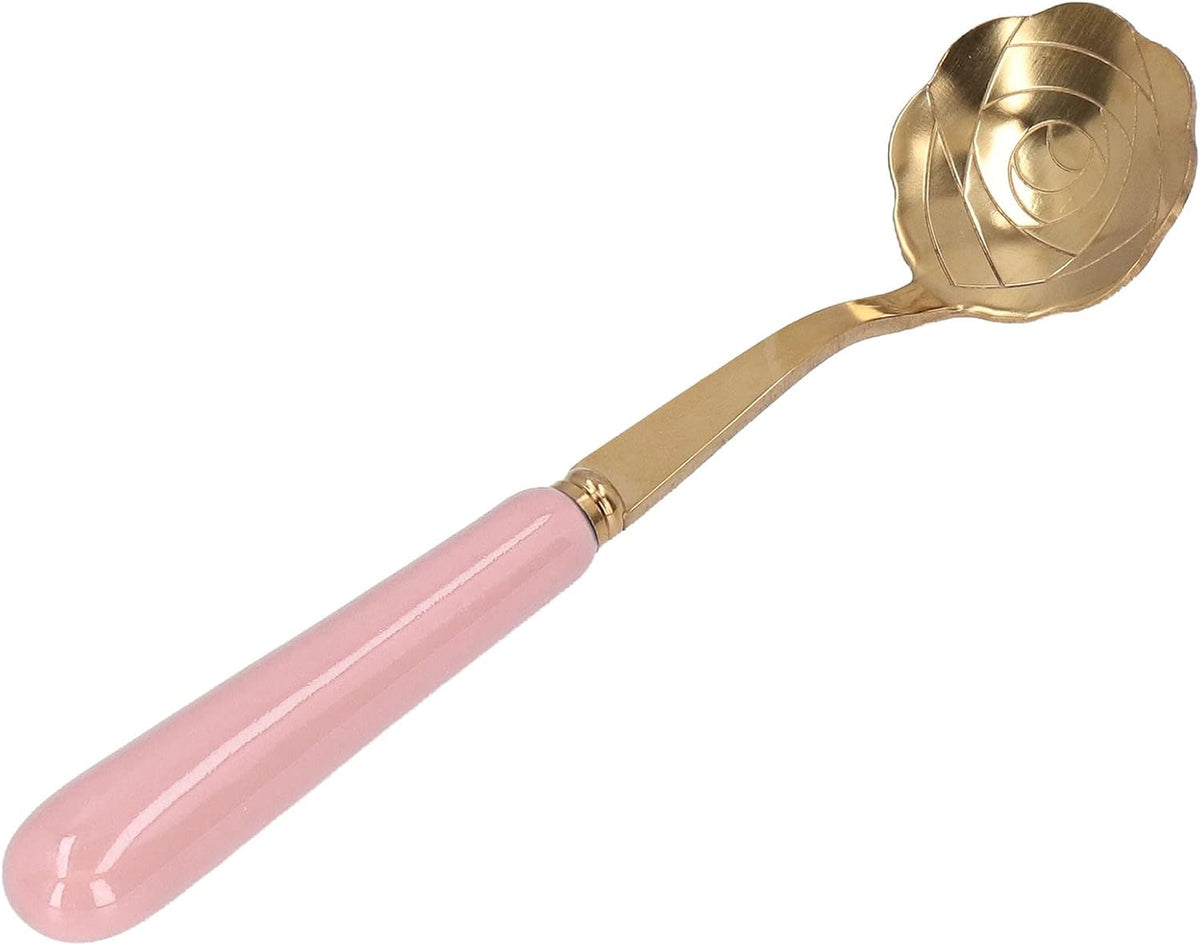 Stainless Steel Teaspoon with Ceramic Handle, Golden Rose Flower Spoon, Cake Spoon, Ice Cream Spoon, Elegant Spoon for Dessert (Pink Handle)