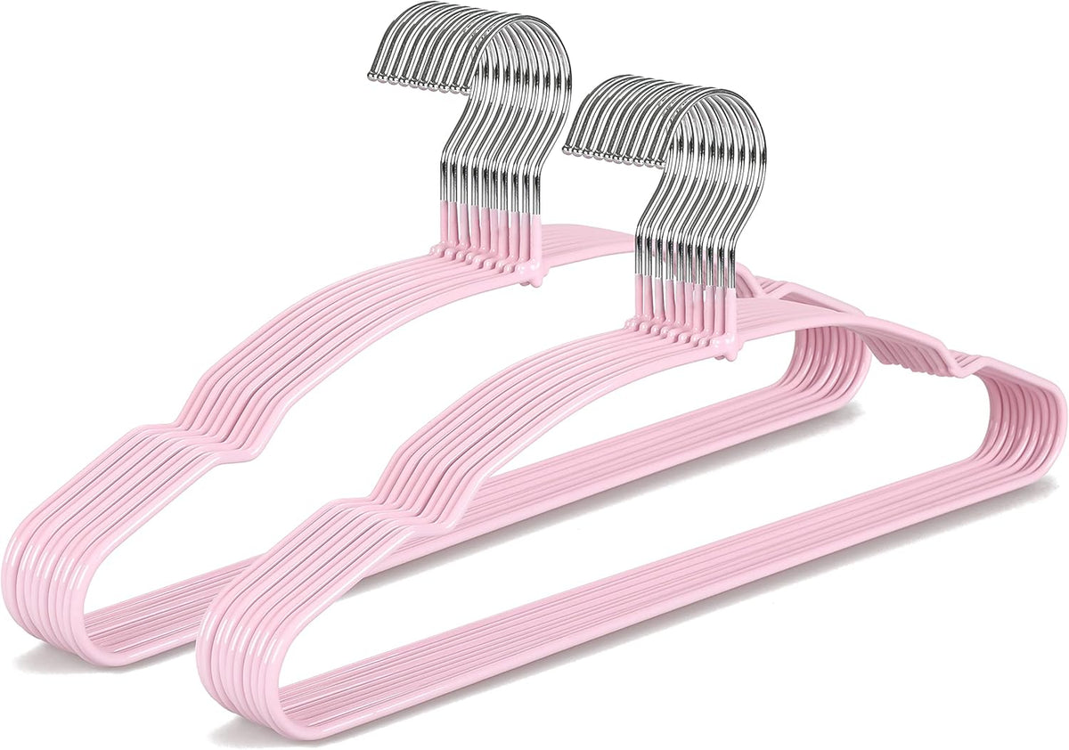 Non Slip Hanger 20 Pack, Metal Clothes Hangers Space Saving, Heavy Duty Rubber Coated Wire Hanger for Coat, Shirt, Dress, Pants-Pink, CT12P