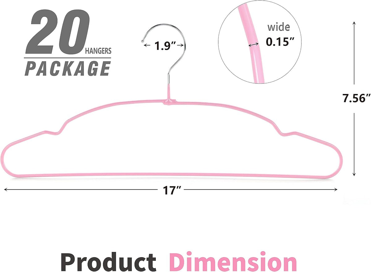 Non Slip Hanger 20 Pack, Metal Clothes Hangers Space Saving, Heavy Duty Rubber Coated Wire Hanger for Coat, Shirt, Dress, Pants-Pink, CT12P