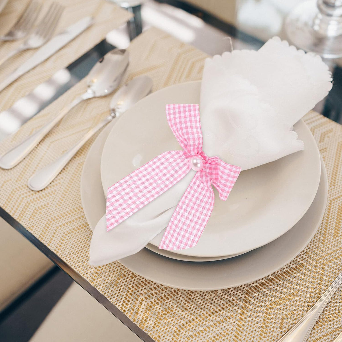 Pink Bow Napkin Rings 12pcs Checkered Table Decor Reusable