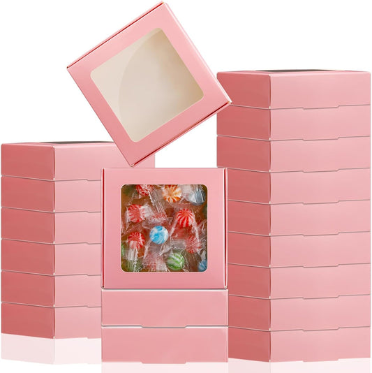 30 Pcs Kraft Paper Boxes with Window 4.13 x 4.13 x 1.18 Inch Candy Packaging, Small Gift Boxes, Soap holder, Mini Treat Packaging for Bakery Chocolate Jewelry Display (Pink)