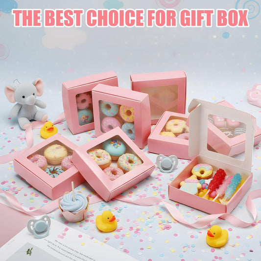 30 Pcs Kraft Paper Boxes with Window 4.13 x 4.13 x 1.18 Inch Candy Packaging, Small Gift Boxes, Soap holder, Mini Treat Packaging for Bakery Chocolate Jewelry Display (Pink)