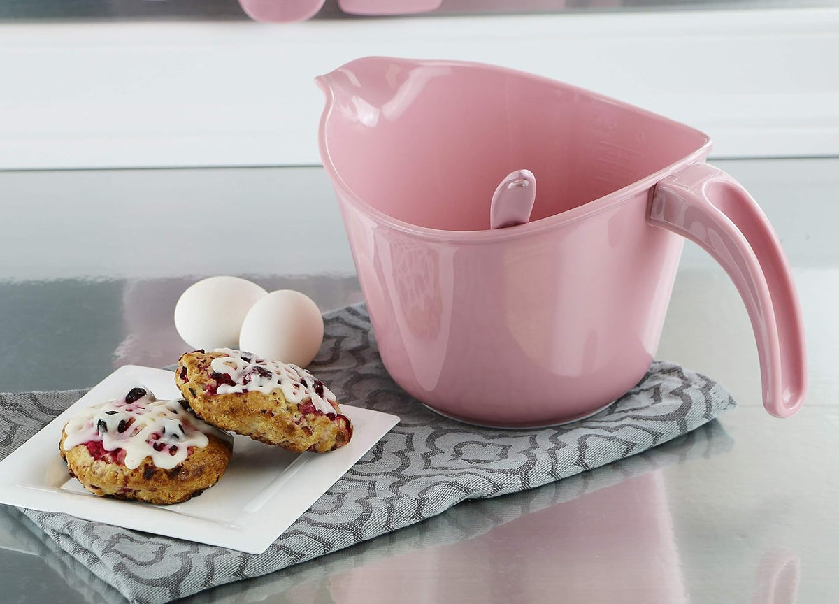 Batter Bowl With Pour Spout, Non-Slip Base,Space Saving Detachable Handle with Lid, 2 QT Heavy Duty BPA-Free Microwave & Dishwasher Safe (Pink)