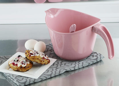 Batter Bowl With Pour Spout, Non-Slip Base,Space Saving Detachable Handle with Lid, 2 QT Heavy Duty BPA-Free Microwave & Dishwasher Safe (Pink)
