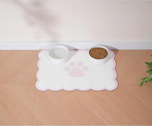 Scalloped Dog Feeding Mat, Absorbent Mats for Dog Food and Water Bowl, Dispenser, Cute Elegant Aesthetic Pastel Pink Scallop Pet Placemat for Dogs, Cats, Puppy Accessories, 17" X 24”